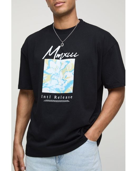 Camiseta Oversize Negra Con Estampado Abstracto De Flores Boohoo de color Black