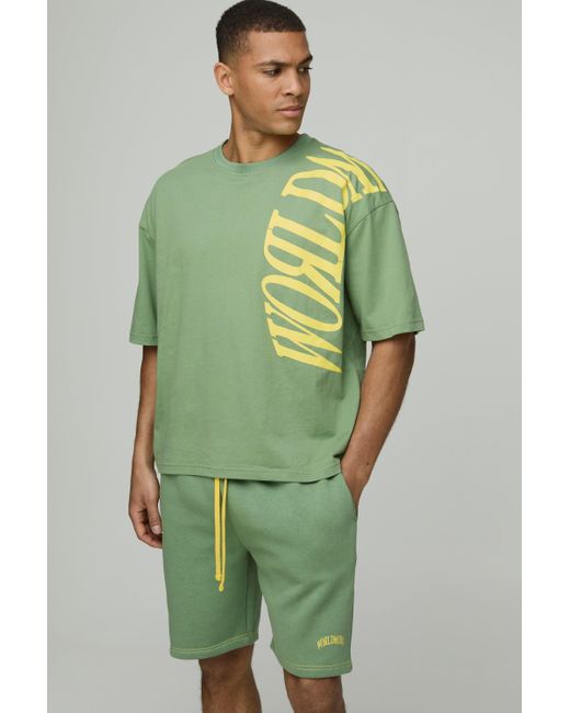 BoohooMAN Green Oversized Boxy Worldwide Over Seam Print T-shirt & Short Set for men