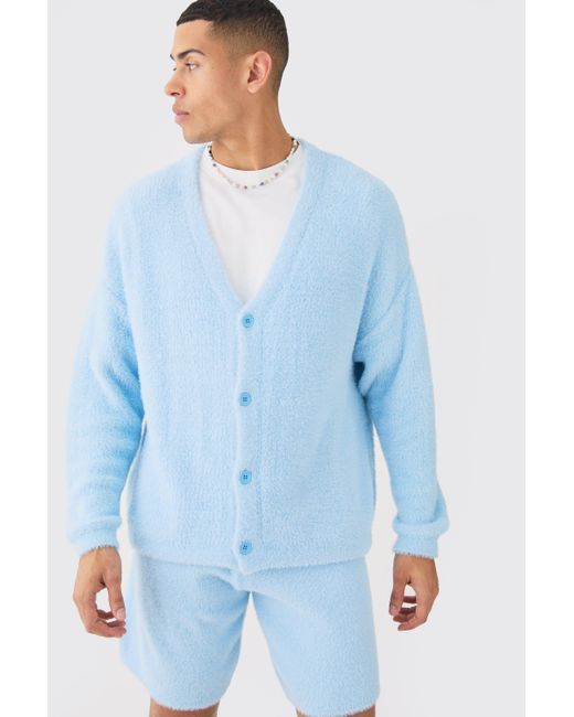 BoohooMAN Fluffy Knit Cardigan In Light Blue for men