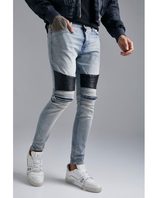 Boohoo Skinny Stretch Biker Zip Detail Jeans in Grey | Lyst Canada
