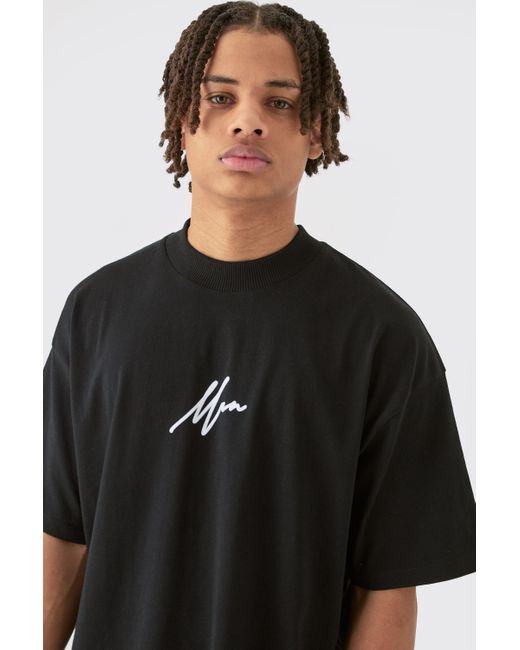 BoohooMAN Black Oversized Extended Neck Flock Printed T-shirt for men