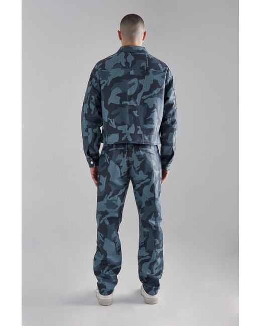 BoohooMAN Kastige Camouflage PU Harrington-Jacke in Blue für Herren