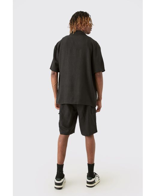 BoohooMAN Tall Elasticated Waist Relaxed Linen Cargo Shorts In Black für Herren
