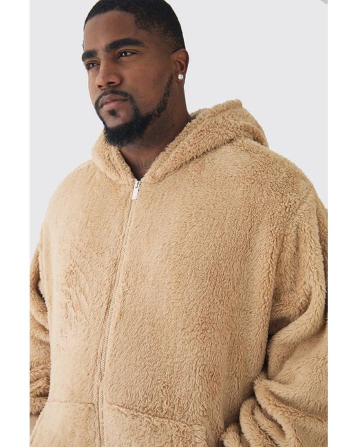 BoohooMAN Natural Plus Borg Oversized Zip Thru Hoodie for men