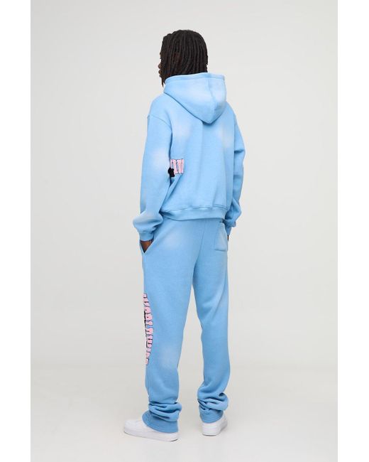 BoohooMAN Blue Worldwide Towelling Applique Zip Through Hooded Tracksuit for men