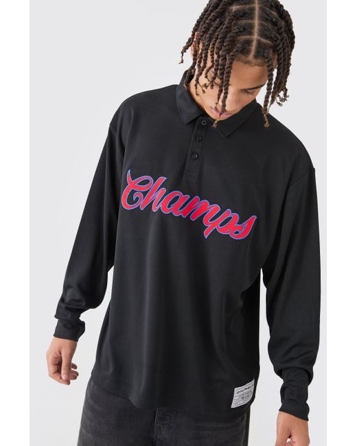 BoohooMAN Black Oversized Champs Varsity Mesh Rugby Polo for men