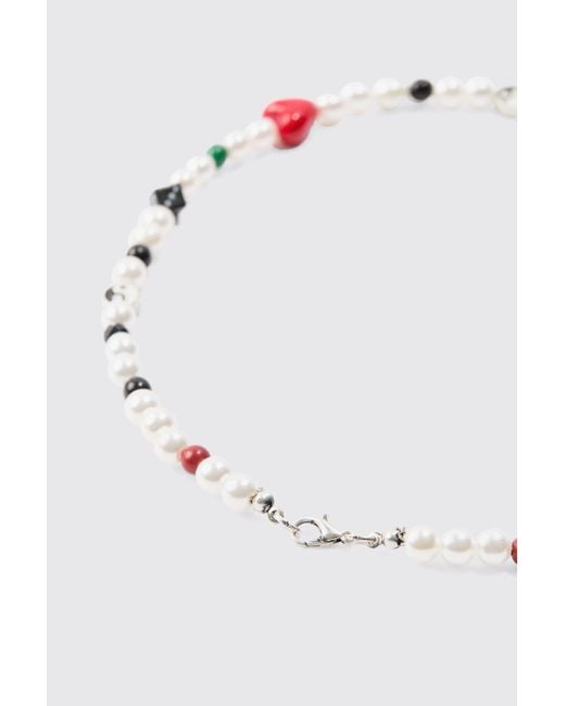BoohooMAN White Mixed Bead & Pearl Dice Necklace for men