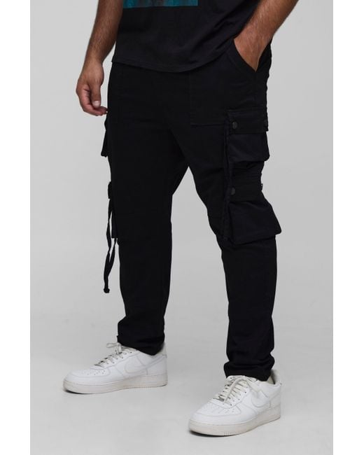 Boohoo Black Plus Fixed Waist Multi Cargo Strap Detail Skinny Cargo Pants