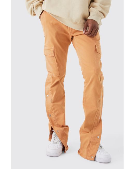 BoohooMAN Orange Fixed Waist Popper Split Hem Flared Cargo Trousers for men