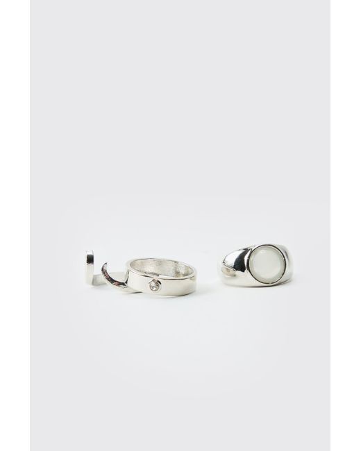 BoohooMAN Metallic Silver Ring 3 Pack for men