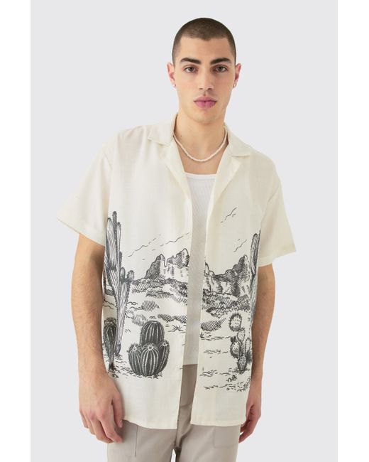 BoohooMAN White Oversized Linen Look Cactus Print Shirt for men