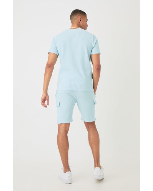 BoohooMAN Blue Slim Waffle T-shirt & Cargo Short Set for men