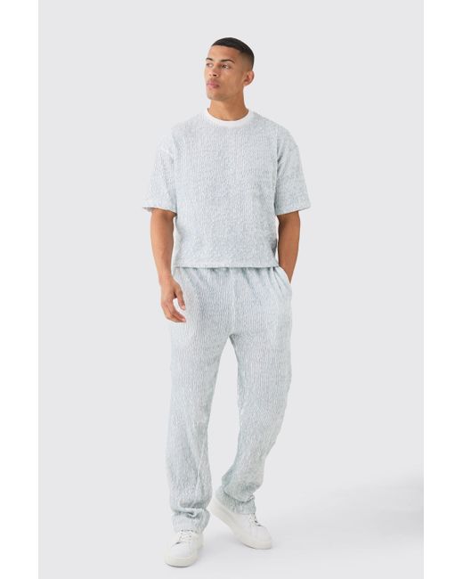 BoohooMAN Blue Two Tone Boxy Ripple Pleated T-shirt & Pants for men