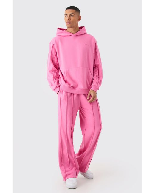 BoohooMAN Pink Oversized Raw Seam Sig Embroidered Hooded Tracksuit for men