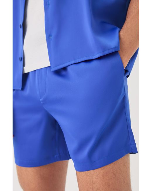 BoohooMAN Short Sleeve Boxy Satin Shirt & Short Set in Blue für Herren