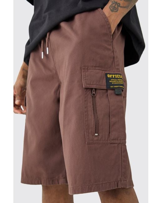 BoohooMAN Brown Tall Fixed Waist Twill Relaxed Cargo Zip Detail Tab Short for men