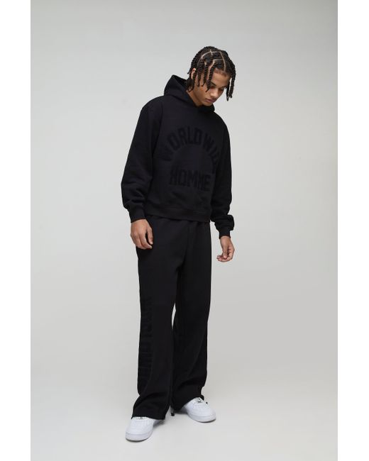 BoohooMAN Black Oversized Boxy Flock Print Wide Leg Tie Cuff Tracksuit for men