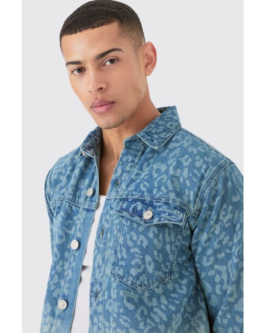 BoohooMAN Leopard Print Denim Overshirt In Light Blue for men