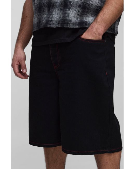BoohooMAN Plus lockere Jorts mit Kontrast-Naht in Black für Herren