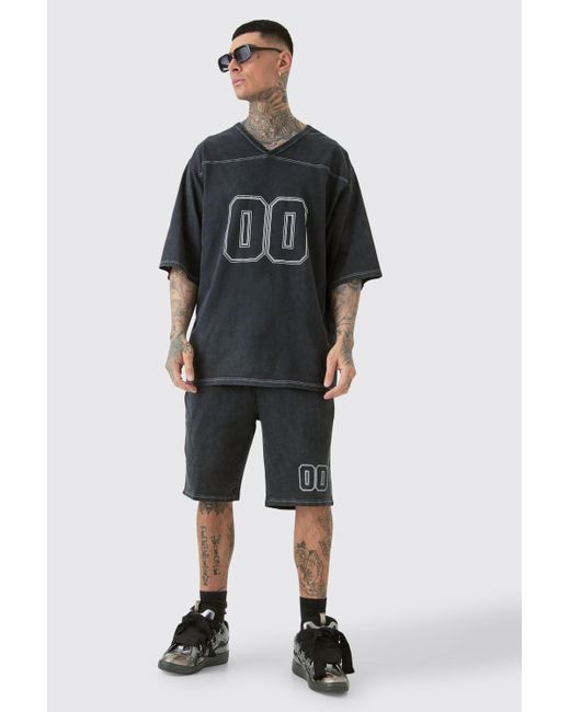 BoohooMAN Blue Tall Contrast Stitch Football T-shirt & Short Set for men