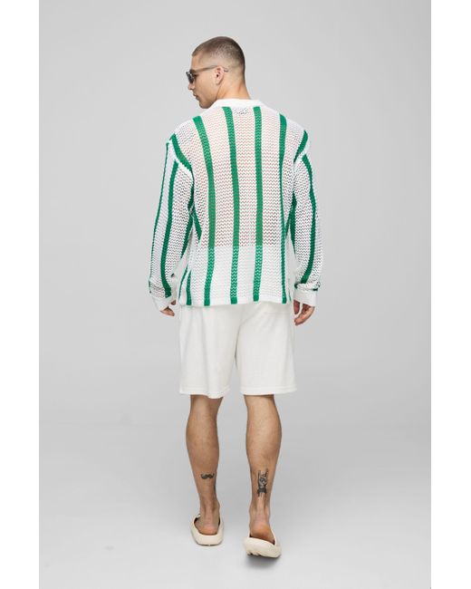 BoohooMAN Green Regular Fit Open Stitch Stripe Long Sleeve Knitted Shirt for men