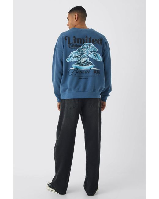 BoohooMAN Blue Regular Fit Limited Edition Bonsai Puff Print Washed Sweatshirt for men