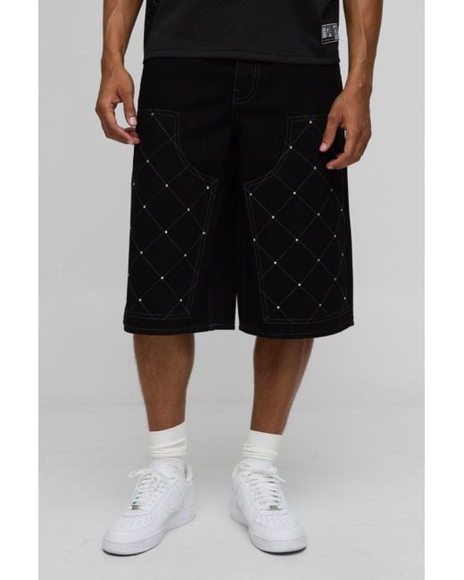 Embellished Carpenter Rigid Denim Longline Jorts Boohoo de color Black