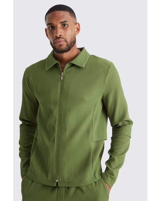 BoohooMAN Green Tall Pleated Zip Shirt & Elasticated Straight Cargo Set for men
