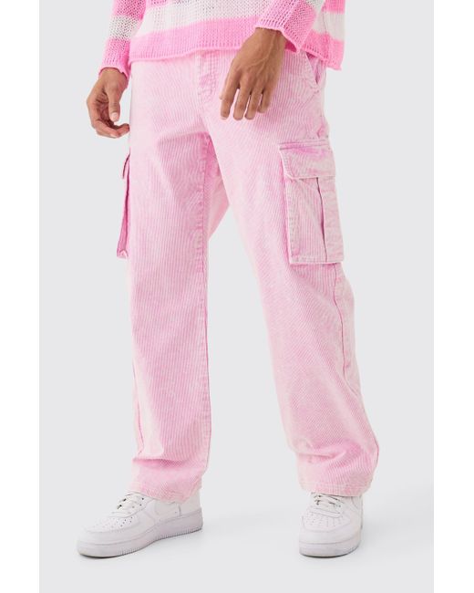 BoohooMAN Pink Acid Wash Relaxed Cord Cargo Pants for men