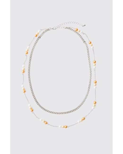 BoohooMAN White Pearl & Beaded Chain Necklace for men