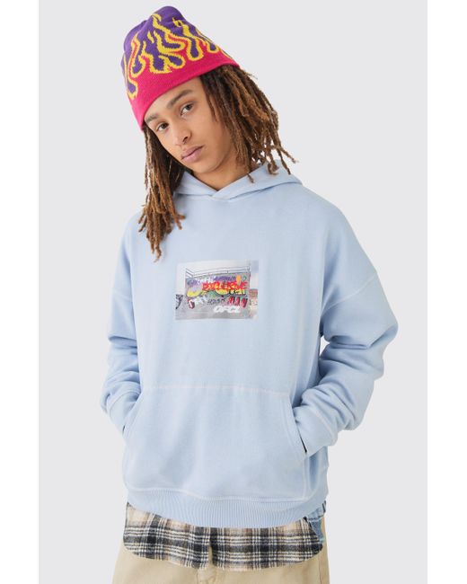 BoohooMAN Blue Oversized Plush Boxy Drop Shoulder Printed Hoodie for men