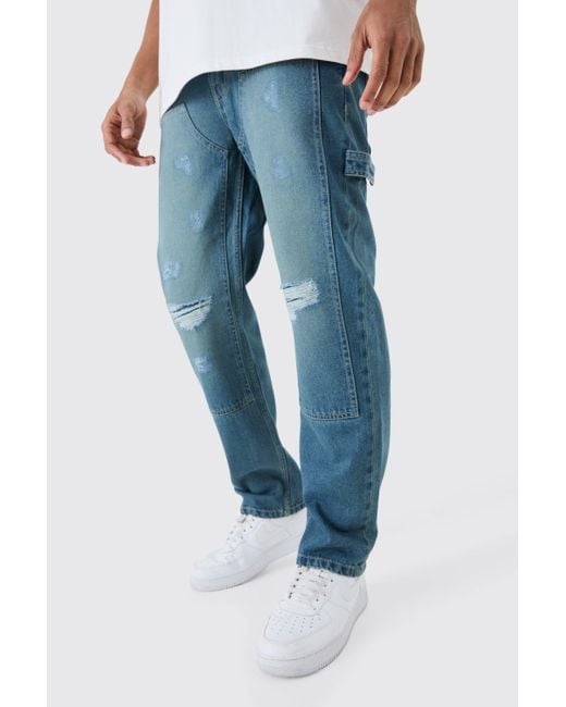 Boohoo Relaxed Rigid Ripped Knee Carpenter Jeans In Light Blue