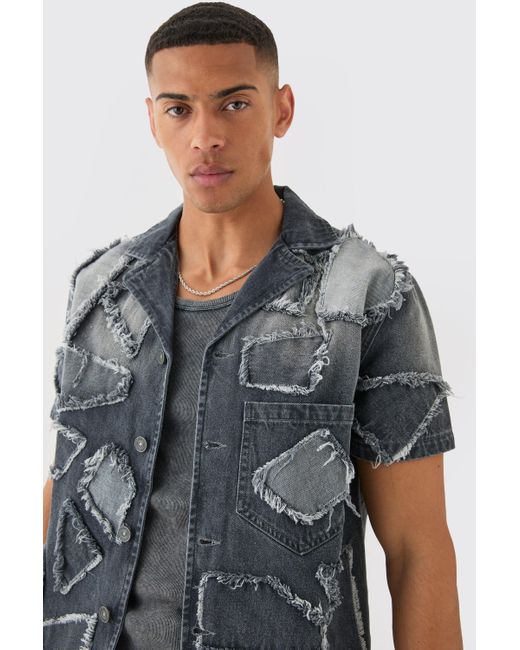 BoohooMAN Gray Distressed Patchwork Revere Denim Shirt In Charcoal for men