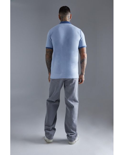 BoohooMAN Tall Slim-Fit Poloshirt aus Interlock-Jersey mit Reißverschluss in Blue für Herren
