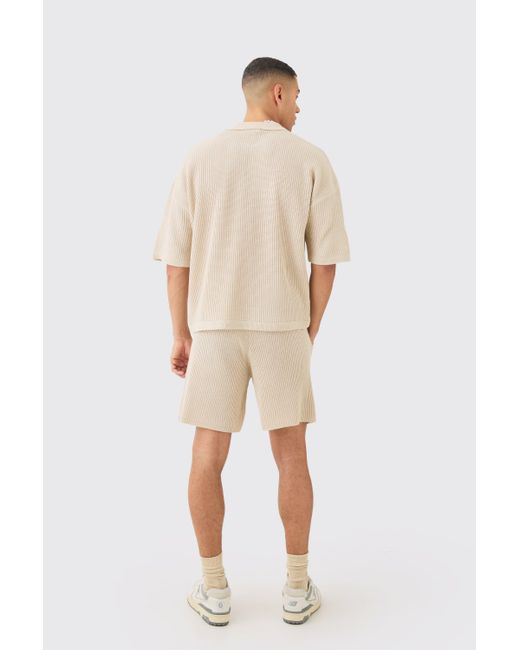 BoohooMAN Relaxed Mid Length Ribbed Knit Short in Natural für Herren