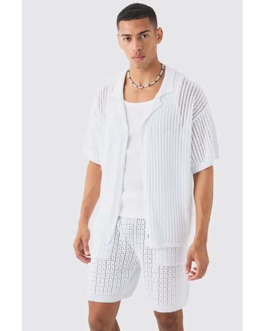 BoohooMAN Boxy Crochet Open Knit Revere Shirt In White for men