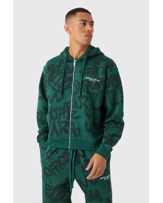 BoohooMAN Green Oversized Boxy All Over Graffiti Printed Zip Through Hoodie for men