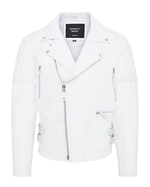 BoohooMAN White Infinity Leather Cowhide Leather Brando Biker Jacket - Garland for men