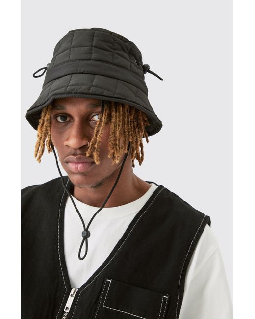 BoohooMAN Black Quilted Nylon Bucket Hat for men