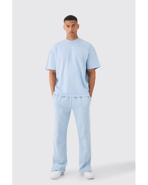 BoohooMAN Blue Oversized Extended Neck Heavy Tee And Jogger Set for men