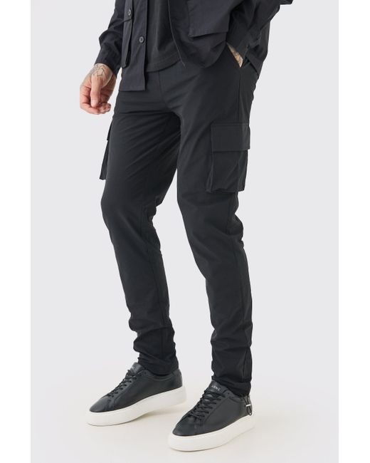 BoohooMAN Black Tall Elastic Lightweight Stretch Skinny Cargo Pants for men