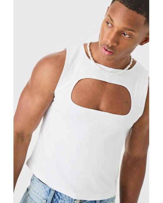 BoohooMAN White Muscle Fit Cut Out Interlock Tank for men