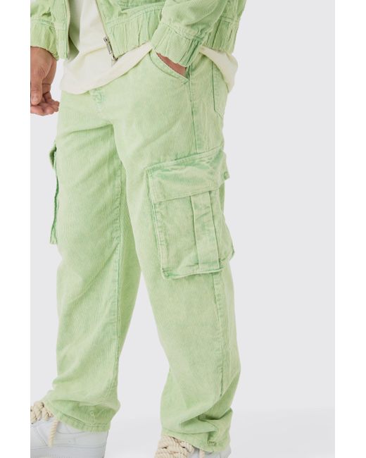 BoohooMAN Green Relaxed Cargo Cord Pants In Sage for men