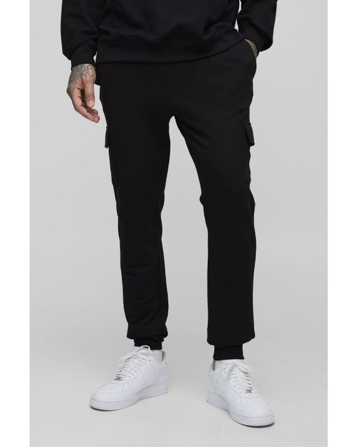 BoohooMAN Black Tall 260Gsm Loopback Skinny Fit Basic Cargo Joggers for men