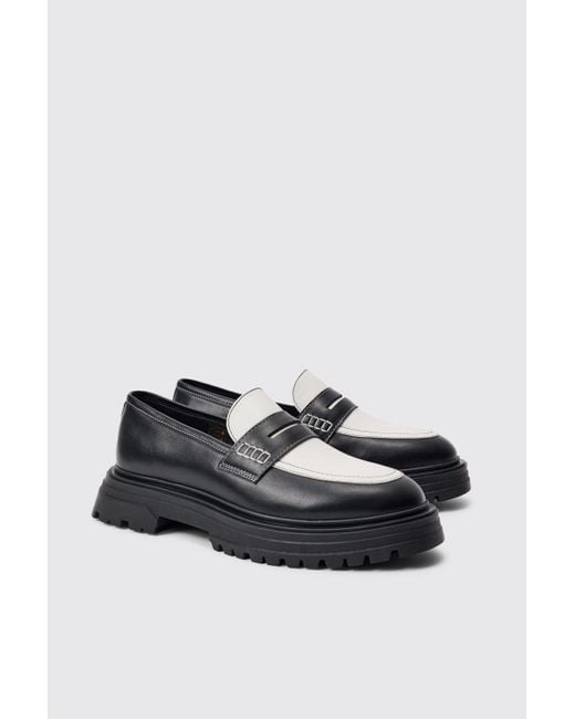 Pu Slip On Contrast Chunky Loafer In Black Boohoo