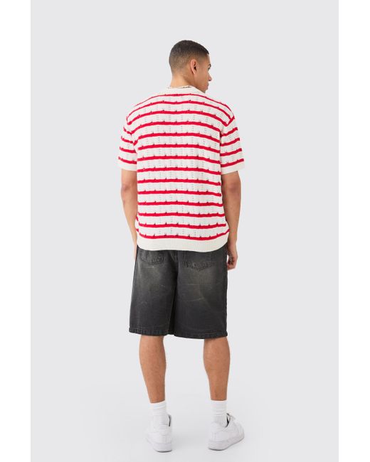 BoohooMAN Short Sleeve Oversized Crochet Stripe Polo In Red for men