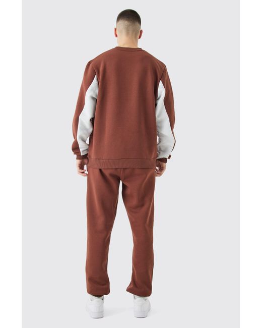 BoohooMAN Red Tall Colour Block Man Sweatshirt Tracksuit In Chocolate for men