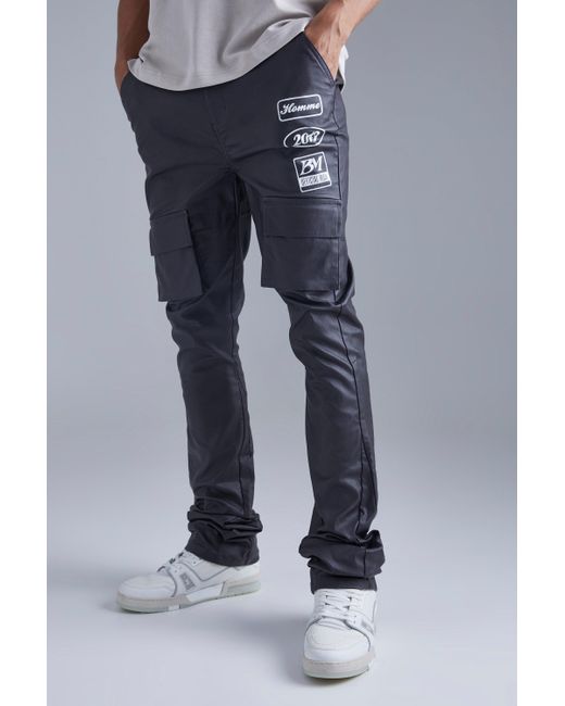 BoohooMAN Blue Tall Skinny Stacked Flare Coated Cargo Trouser for men