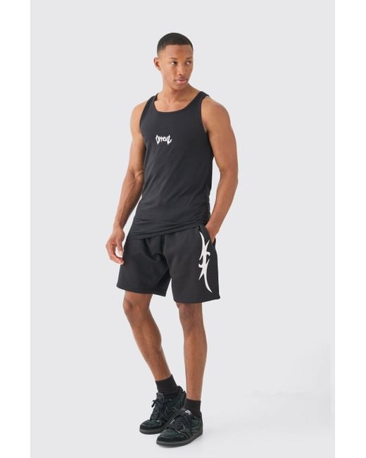 BoohooMAN Blue Muscle Fit Graphic Official Tank & Shorts Set for men