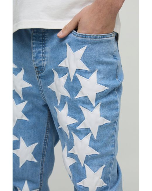 Vaqueros Pitillo De Cuero Sintético Con Bajo Plegado Y Aplique De Estrella Boohoo de color Blue